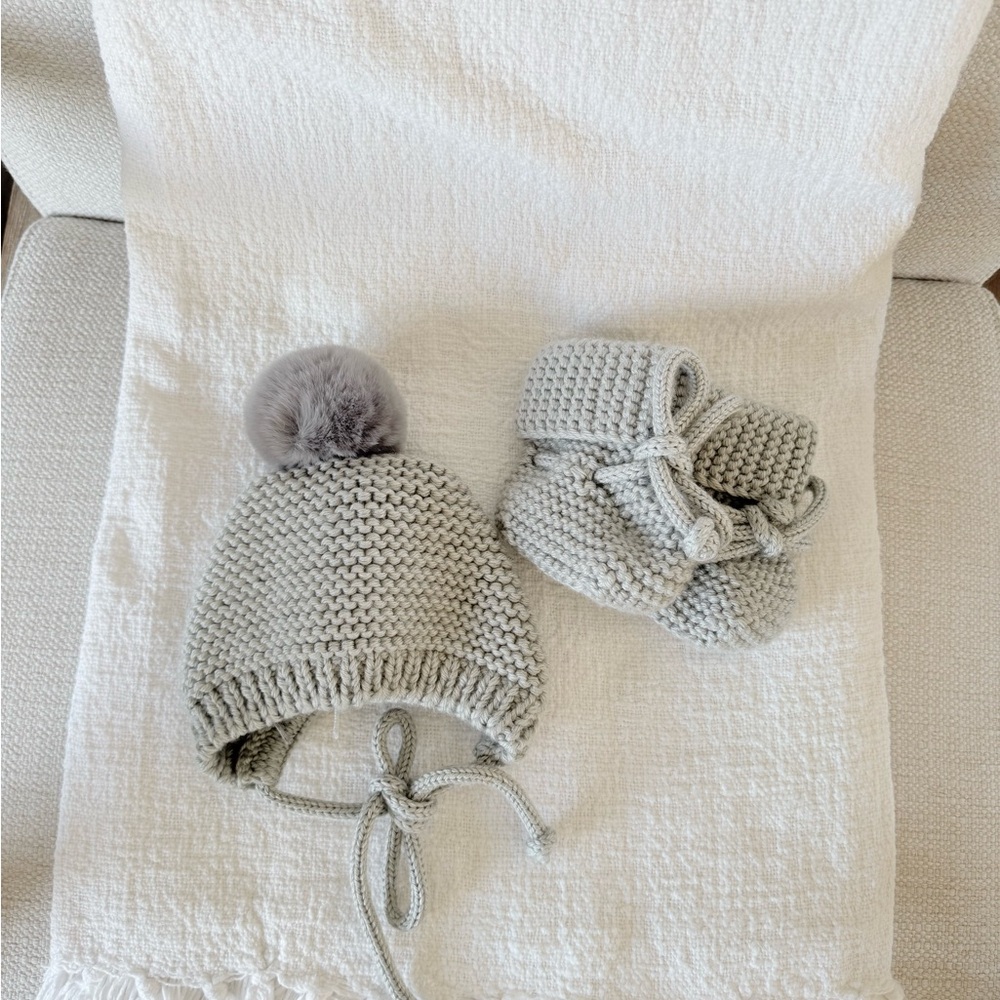 Baby Knit Pom Pom Hat and Booties Set - Gray
